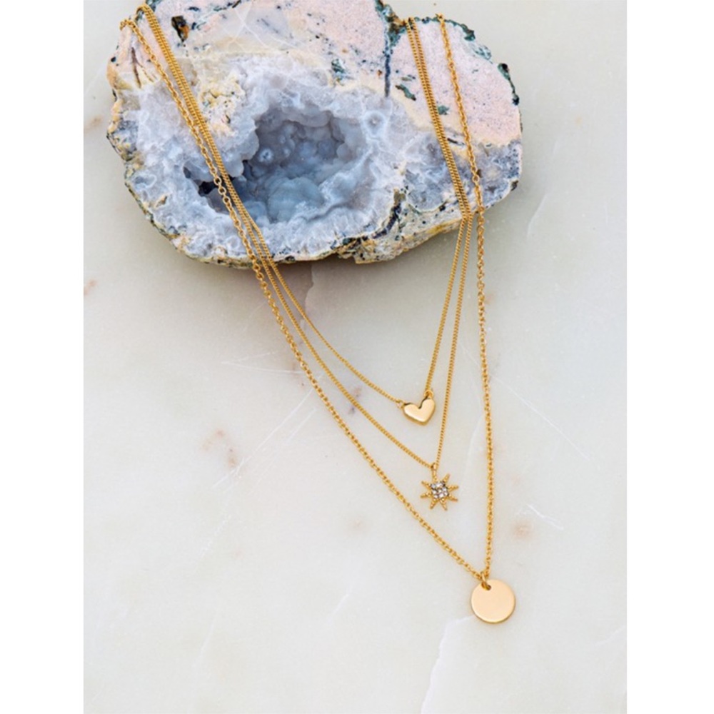 Gold Three Row Star Heart Disk Charm Necklace